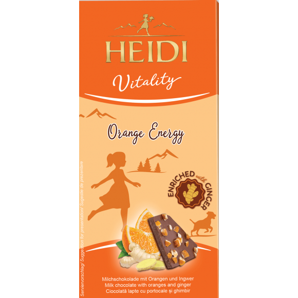 Orange Energy, Milk Chocolate with orange and Ginger, Heidi 80g