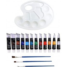 Acrylic Paint Kit 12 Paints + 3 Brushes and Painting Palette